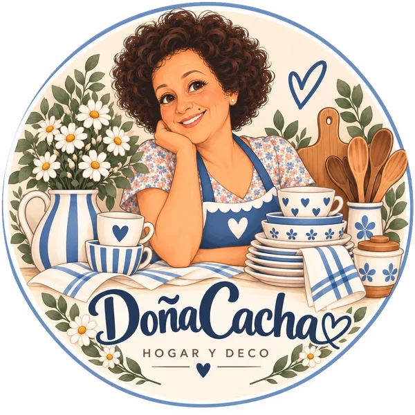 Ilustración de Doña Cacha sonriendo entre platos, tazas y margaritas